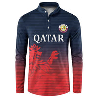 Cricket button sweatshirt front, navy and red gradient with QATAR text and crest logo