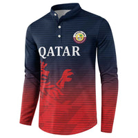 Cricket button sweatshirt front, navy and red gradient with QATAR text and lion graphic