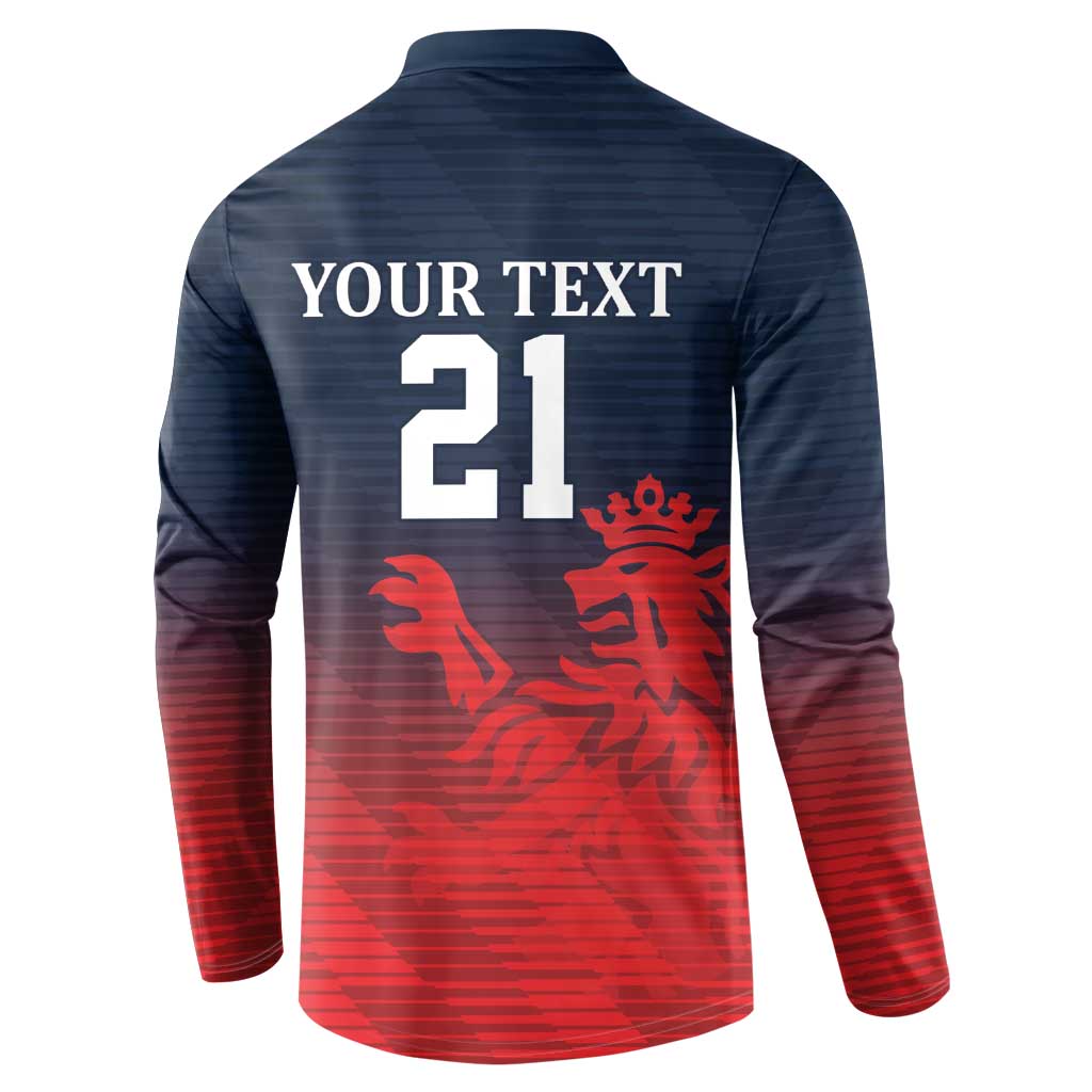 Cricket button sweatshirt back, navy and red gradient with “YOUR TEXT 21” and lion emblem