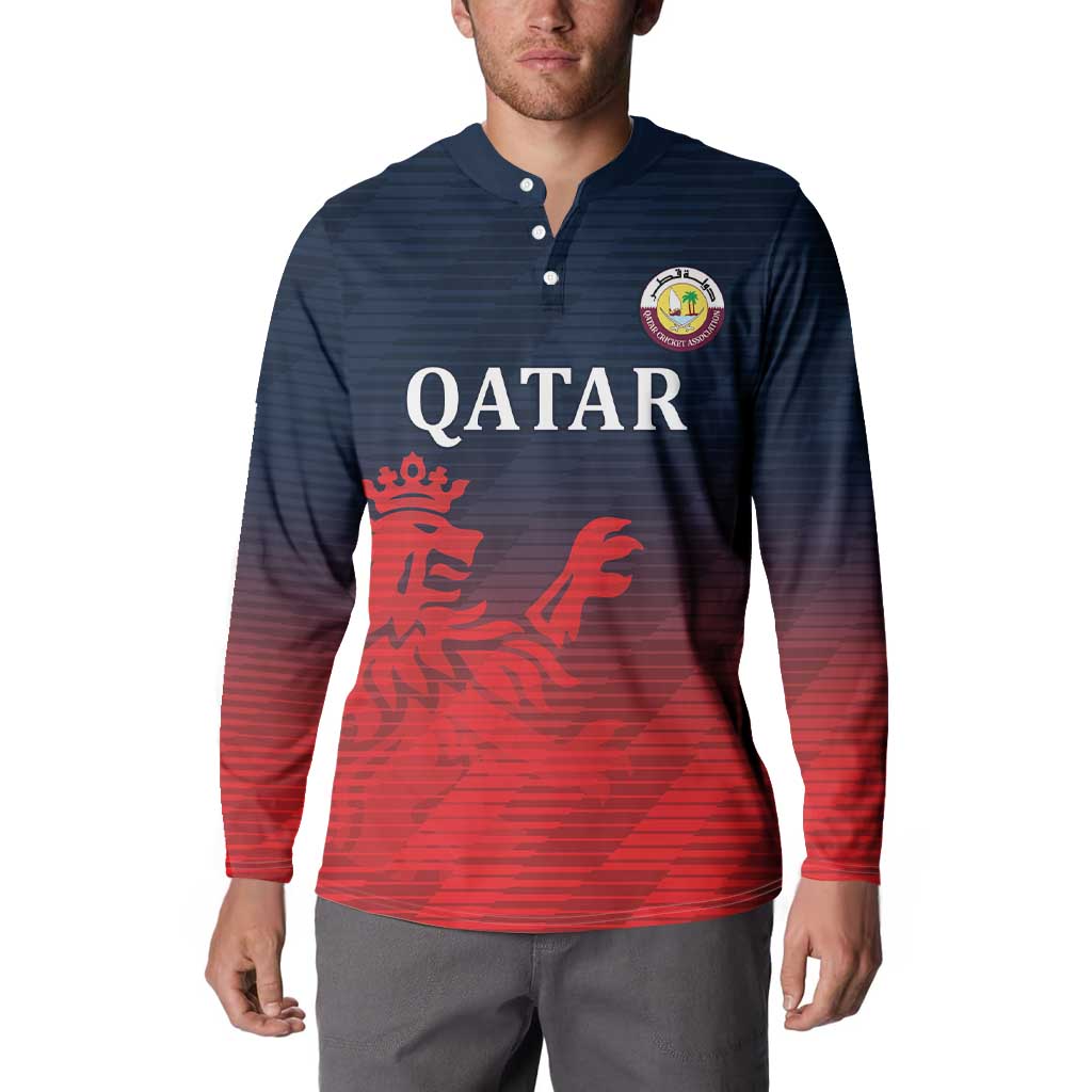 Cricket button sweatshirt on model, navy and red gradient with QATAR text and crest logo