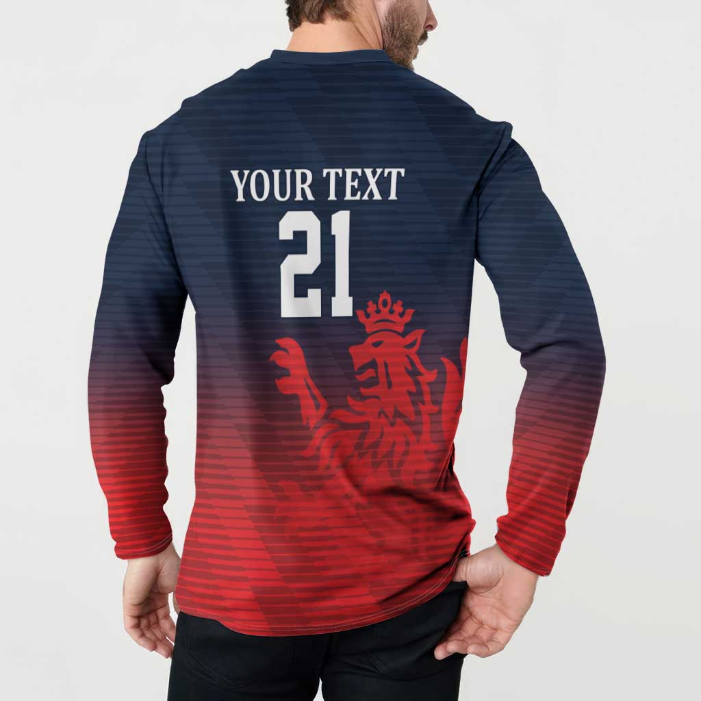 Cricket button sweatshirt, navy and red gradient with “YOUR TEXT 21” graphic on back