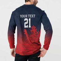 Cricket button sweatshirt, navy and red gradient with “YOUR TEXT 21” graphic on back