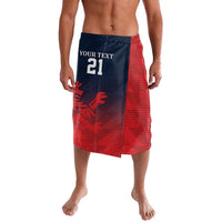 Red sporty lavalava skirt with dark blue waistband and cricket graphic, front view