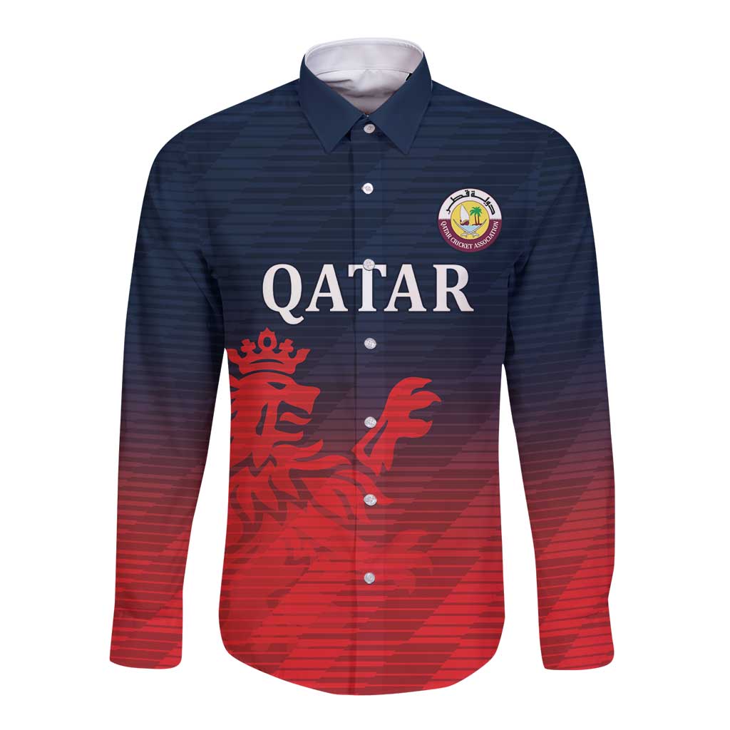 Red and navy long-sleeve button cricket shirt with collar, Qatar crest and lion front graphic