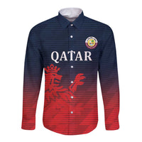 Red and navy long-sleeve button cricket shirt with collar, Qatar crest and lion front graphic