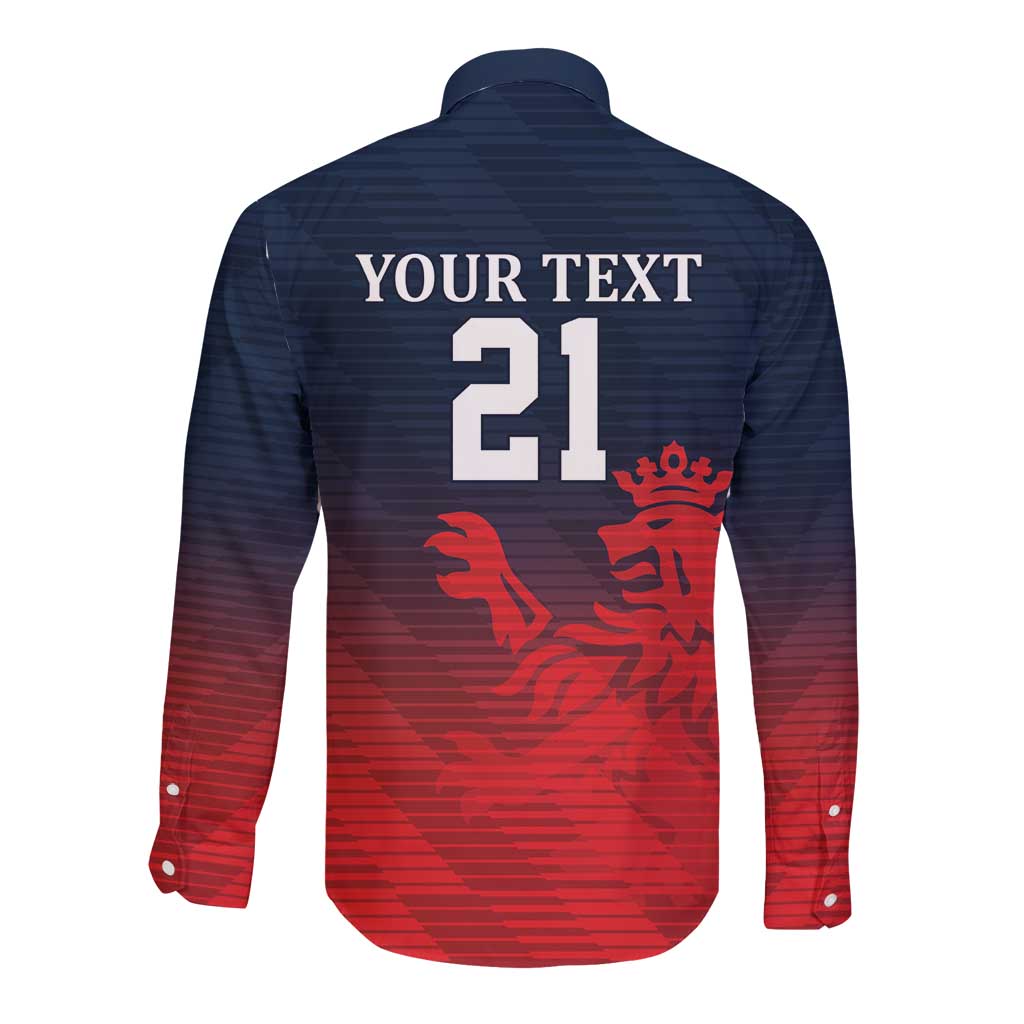 Navy and red long-sleeve button cricket shirt, back shows YOUR TEXT 21 and lion graphic