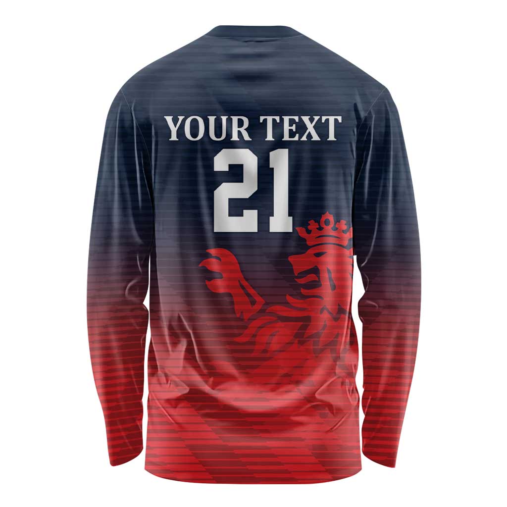 Unisex long-sleeve cricket shirt, navy/red back: 'YOUR TEXT' 21, lion crest