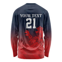 Unisex long-sleeve cricket shirt, navy/red back: 'YOUR TEXT' 21, lion crest