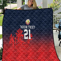 Cricket quilt with navy quilted diamonds, red gradient bottom, crest and number 21 design