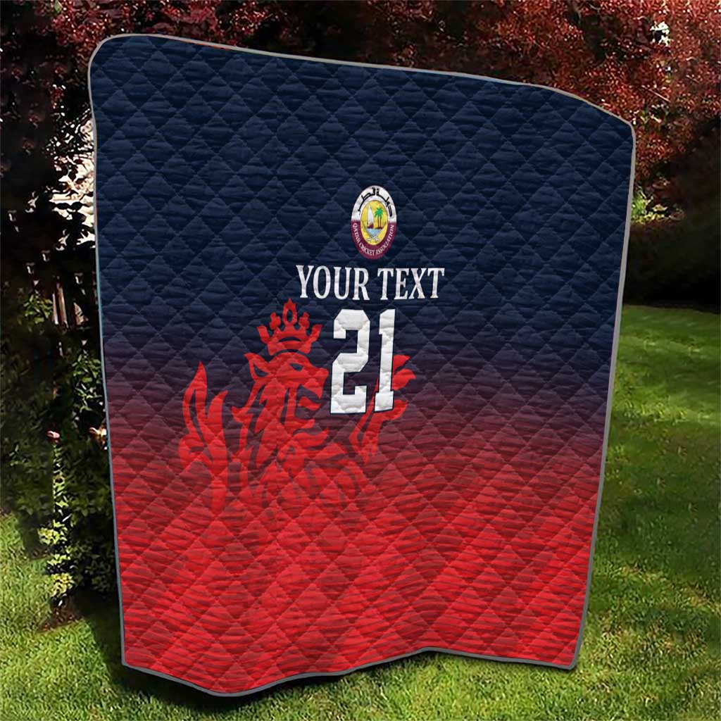 Cricket quilt with rounded corners, navy quilted diamonds and red lower half, crest and 21