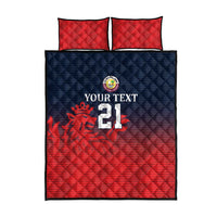 Navy and red quilt bed set with cricket logo and number 21, includes two pillows