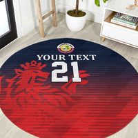 Round sports carpet in red and navy with lion emblem, 'YOUR TEXT' and '21'