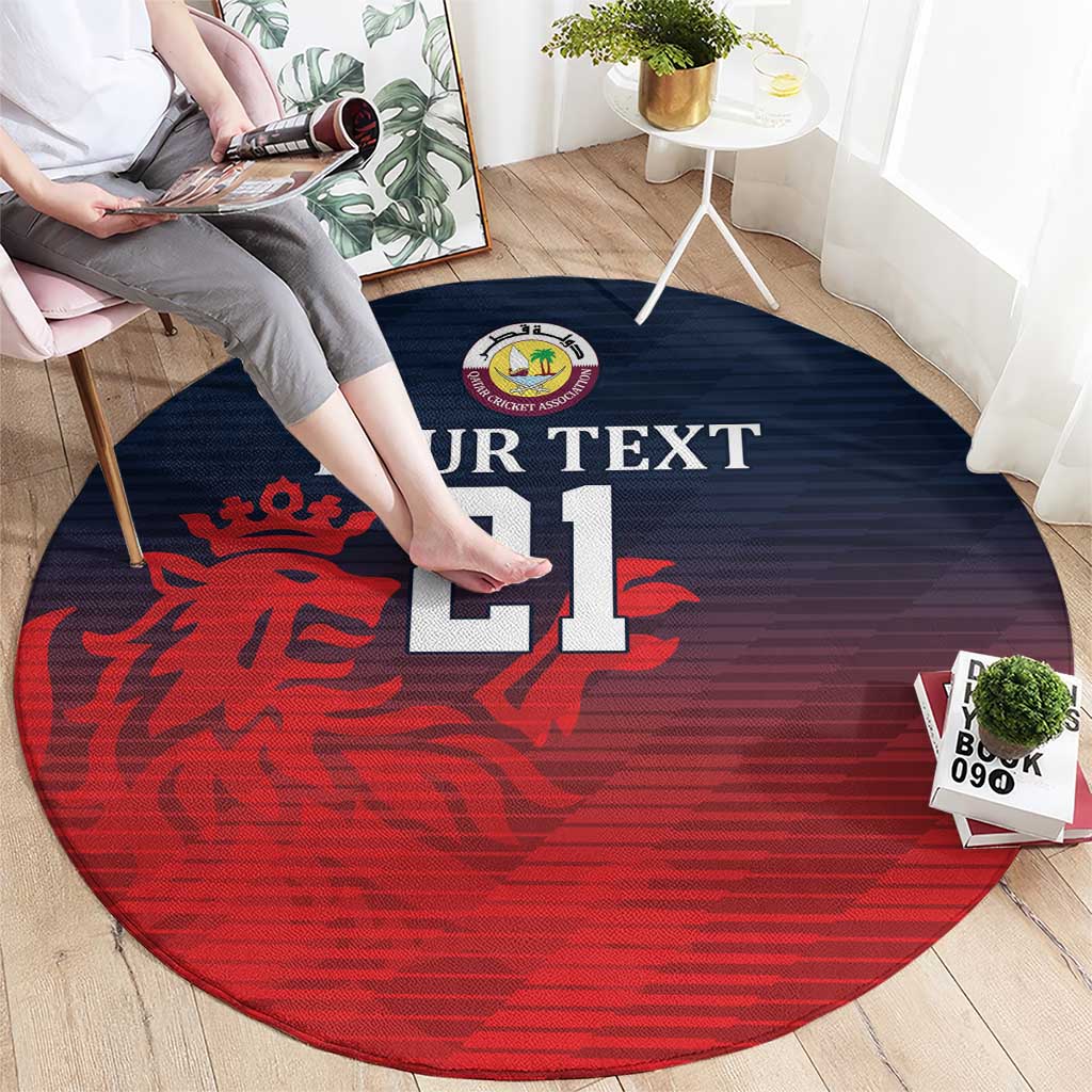 Round sports carpet in red and navy with lion emblem and 'YOUR TEXT 21' design