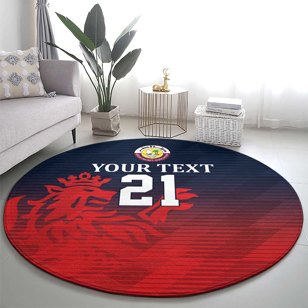 Round sports carpet in red and navy with centered lion emblem and 'YOUR TEXT 21'