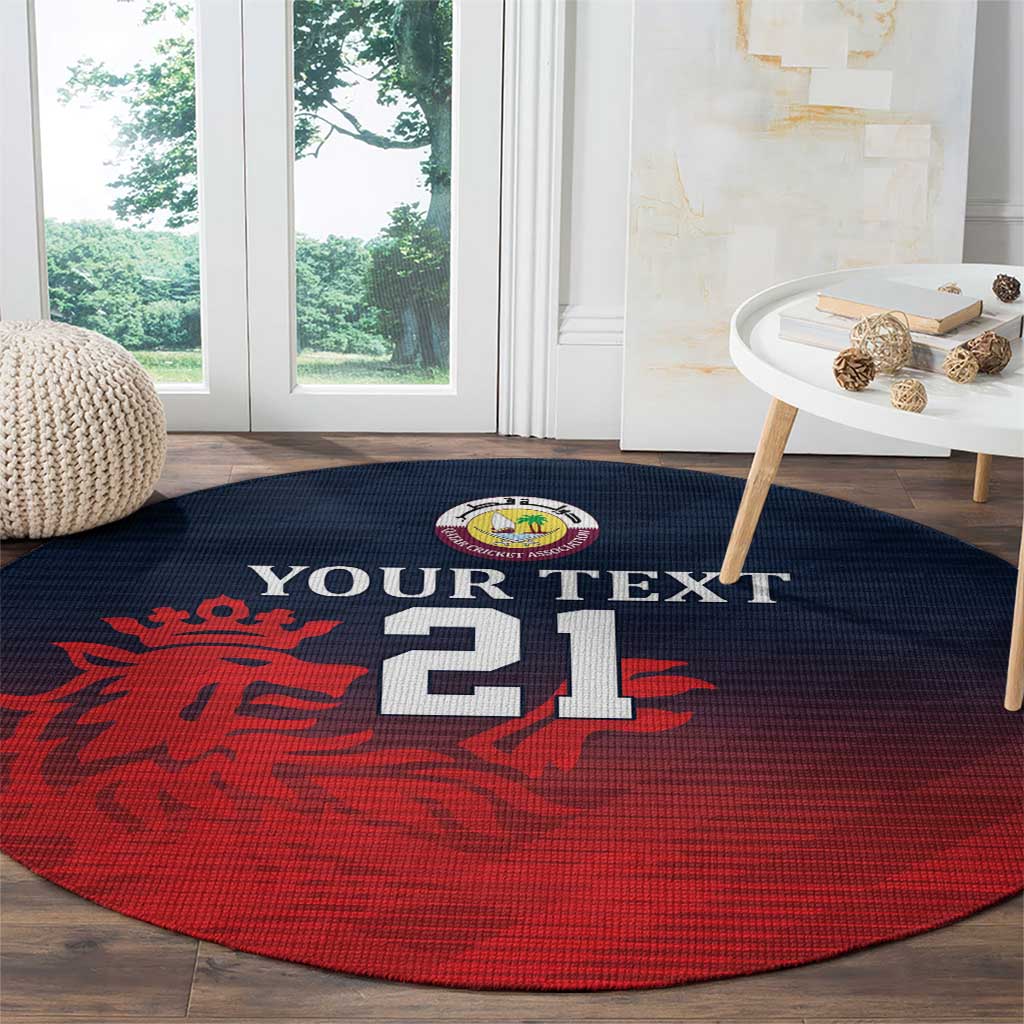 Round sports carpet in red and navy with 'YOUR TEXT' and '21' above lion graphic