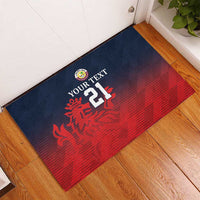Custom cricket rubber doormat with navy background, red gradient lion, YOUR TEXT, 21