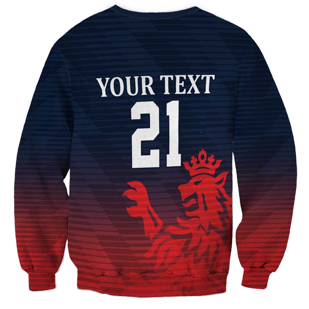 Crewneck sweatshirt with red-to-navy stripe pattern, back "YOUR TEXT" and number 21 graphic