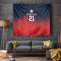 Cricket tapestry with dark blue-to-red gradient, lion crest, and large "21"