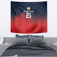 Hanging cricket tapestry showing "YOUR TEXT" above a red lion and black "21"
