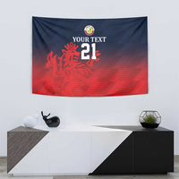 Cricket wall tapestry with blue upper half, red lower half, and lion "21" graphic