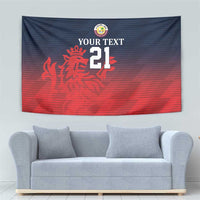 Cricket tapestry featuring "YOUR TEXT" and lion emblem over a blue-red gradient