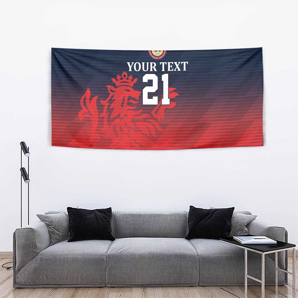 Cricket tapestry with red lion illustration, "YOUR TEXT" line, and big "21"