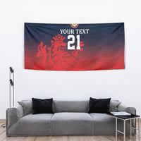 Cricket tapestry with red lion illustration, "YOUR TEXT" line, and big "21"