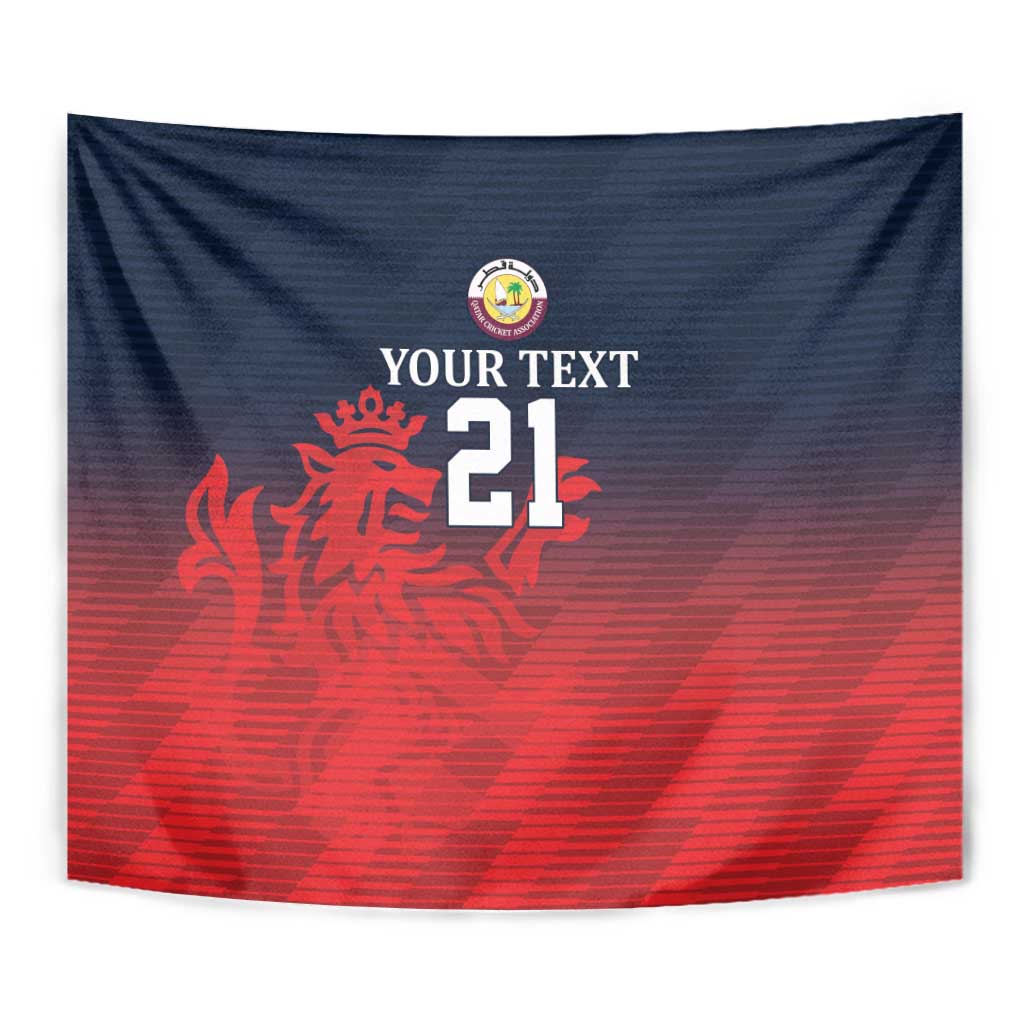Close view cricket tapestry with dark blue top, red bottom, lion crest, and "21"