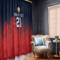Navy and red window curtain panel with crest, 'YOUR TEXT', and large 21