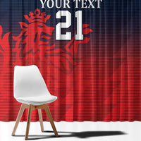 Navy and red curtain with 'YOUR TEXT' and large 21, red lion silhouette