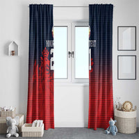 Pair of navy and red window curtain panels with 'YOUR TEXT' and lion crest