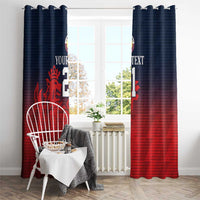 Two navy window curtain panels with crest, 'YOUR TEXT', and number 21