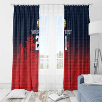 Navy and red window curtain panels with 'YOUR TEXT' and large 21, lion crest