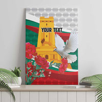 Green Bulgarian canvas wall art showing a white dove over roses and a gold cathedral.