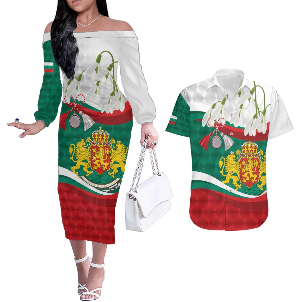 Republic of Bulgaria Personalized Couples Matching Off The Shoulder Long Sleeve Dress and Hawaiian Shirt Crowned Golden Lion Suedinenieto Pravi Silata