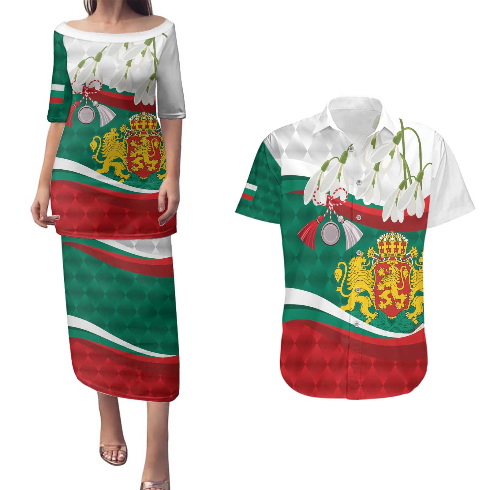 Republic of Bulgaria Personalized Couples Matching Puletasi and Hawaiian Shirt Crowned Golden Lion Suedinenieto Pravi Silata