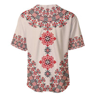 Beige baseball jersey with red and white vertical embroidery motifs and patterned trim