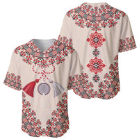 Two beige baseball jerseys with red and white embroidery prints, one button-front