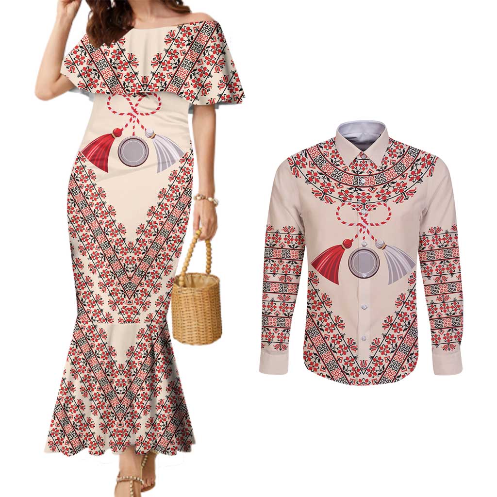 Baba Marta Day Martenitsa Couples Matching Mermaid Dress and Long Sleeve Button Shirt Traditional Bulgarian Embroidery