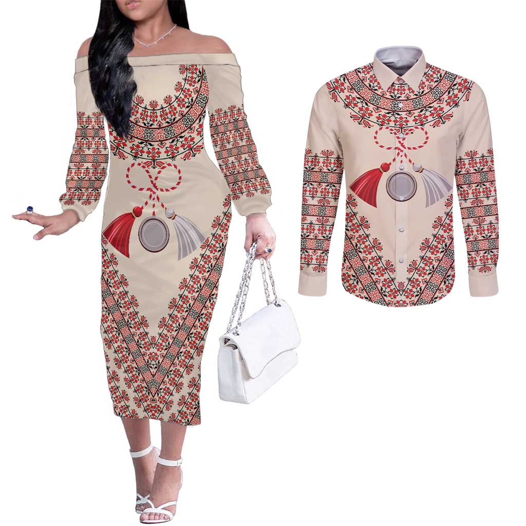 Baba Marta Day Martenitsa Couples Matching Off The Shoulder Long Sleeve Dress and Long Sleeve Button Shirt Traditional Bulgarian Embroidery