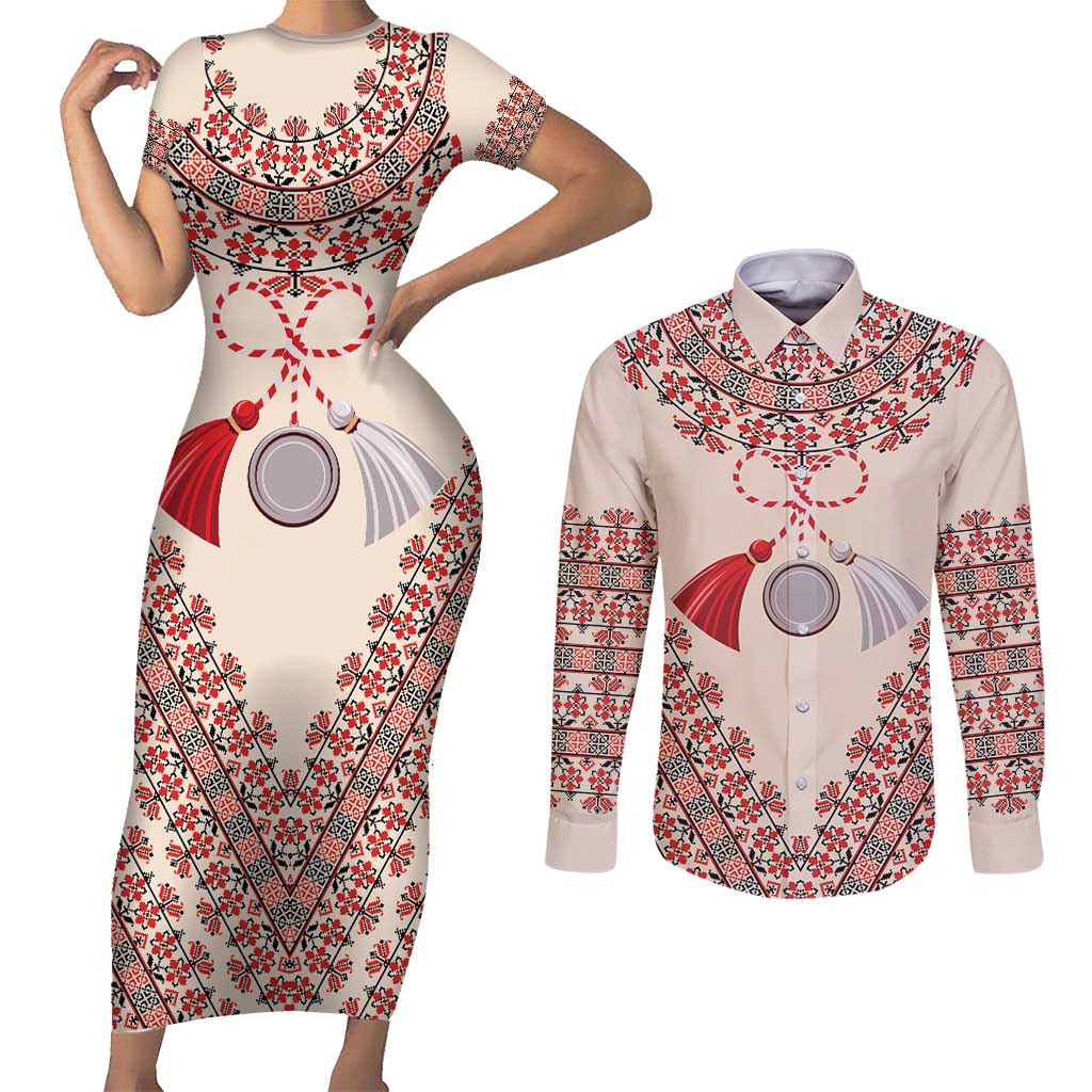 Baba Marta Day Martenitsa Couples Matching Short Sleeve Bodycon Dress and Long Sleeve Button Shirt Traditional Bulgarian Embroidery