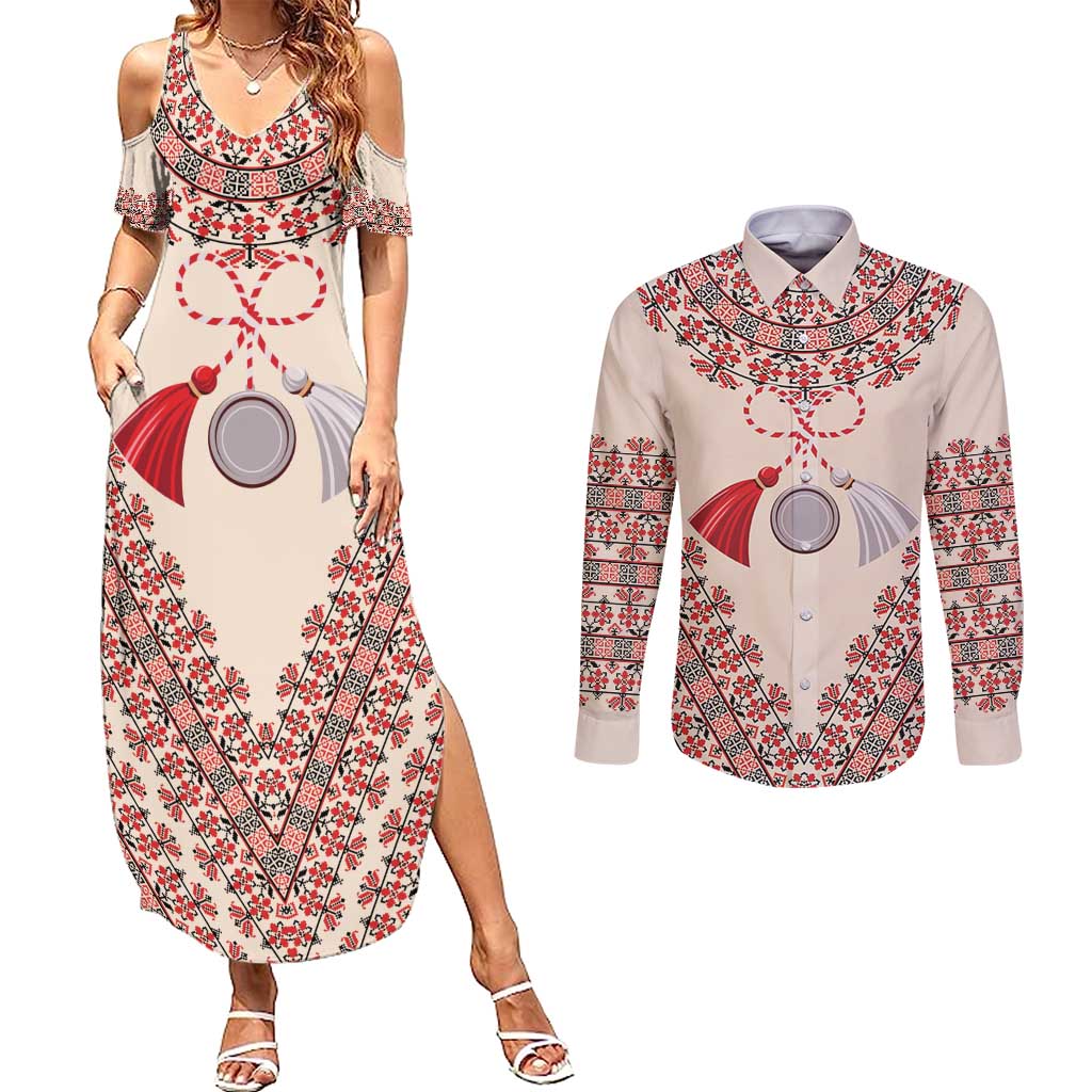 Baba Marta Day Martenitsa Couples Matching Summer Maxi Dress and Long Sleeve Button Shirt Traditional Bulgarian Embroidery