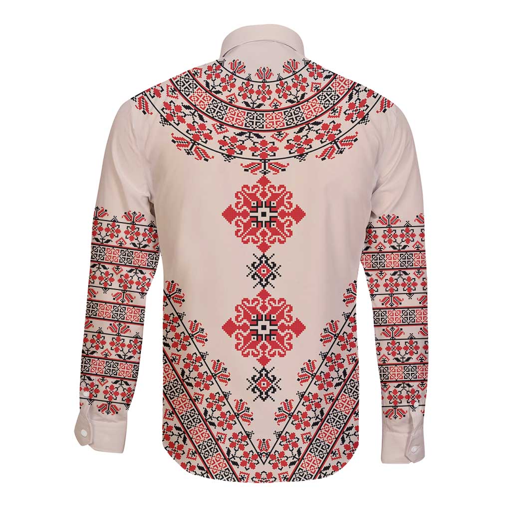 Beige long-sleeve button shirt with red and white folk embroidery on back