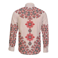 Beige long-sleeve button shirt with red and white folk embroidery on back