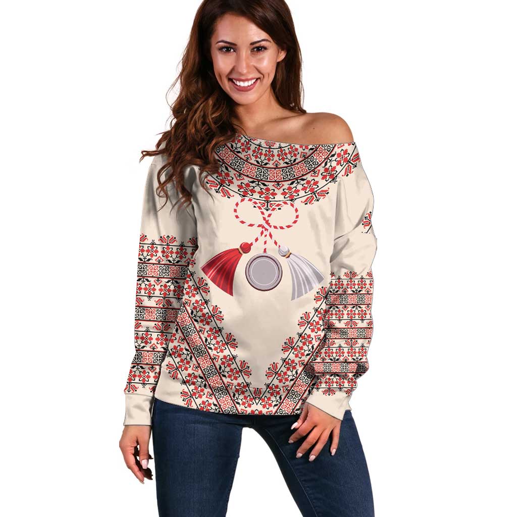 Baba Marta Day Martenitsa Off Shoulder Sweater Traditional Bulgarian Embroidery