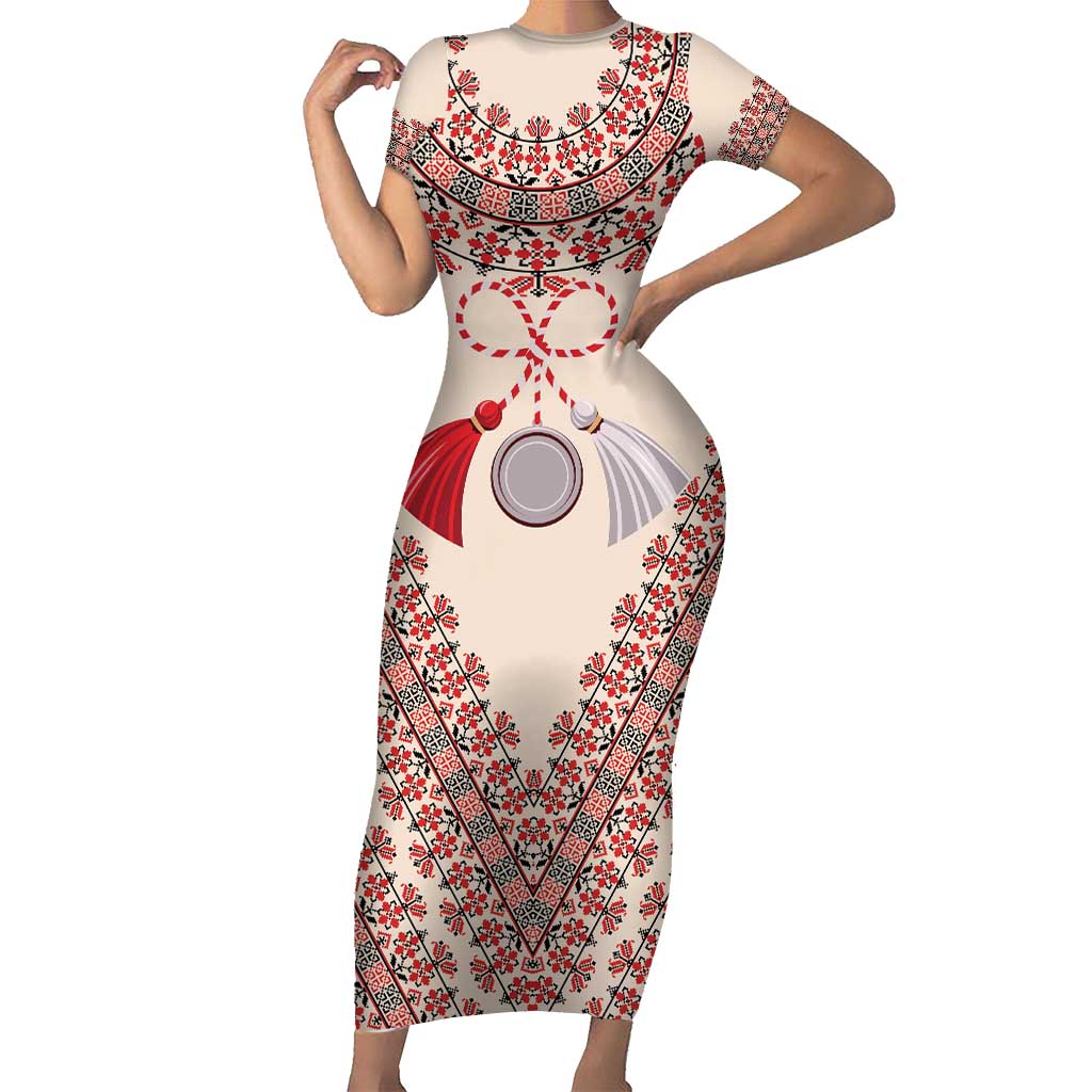 Baba Marta Day Martenitsa Short Sleeve Bodycon Dress Traditional Bulgarian Embroidery