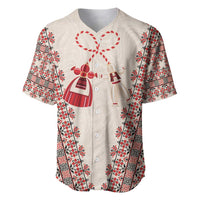 Beige baseball jersey with red-and-white martenitsa print and button front