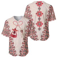 Beige baseball jersey showing front and back, red-and-white martenitsa print