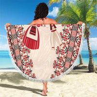 Round beach blanket with fringe edge, white fabric and red folk dress pattern with bows