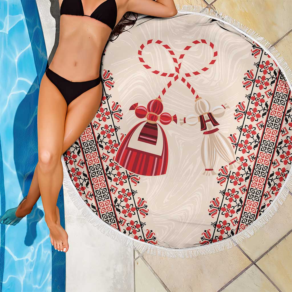 Round beach blanket with tassel fringe, white center print of red bows and folk dress figures